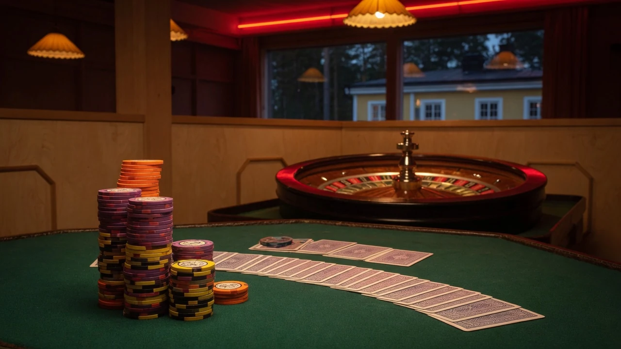Casino med marker, kort och roulettehjul på ett grönt bord