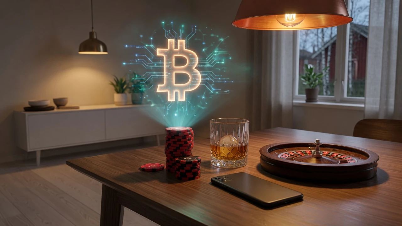 Casinochips, roulette och holografisk Bitcoin-symbol i en svensk modern inredning
