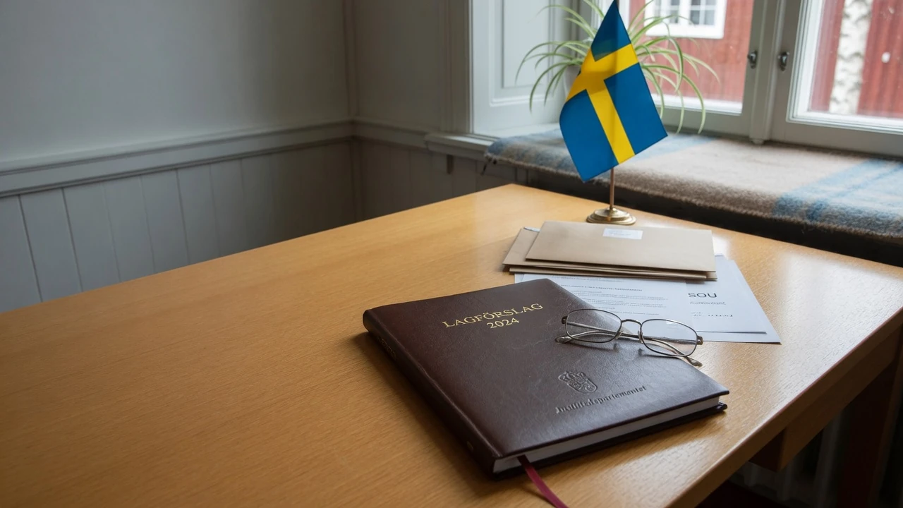 Snyggt skrivbord med stängd juridisk mapp, glasögon och svensk flagga