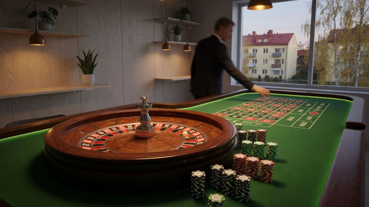 Ett live roulettebord med snurrande hjul och casinomarker i en modern studio