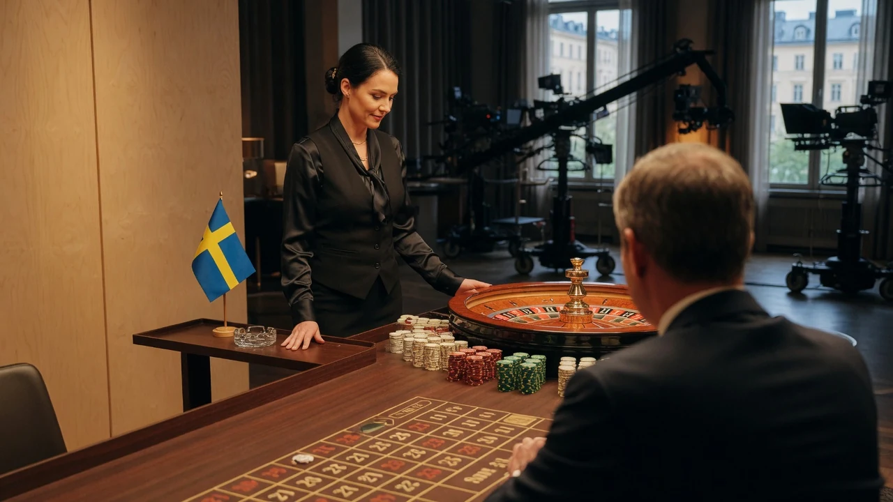 Live casinostudio med dealer vid roulettebord och spelare