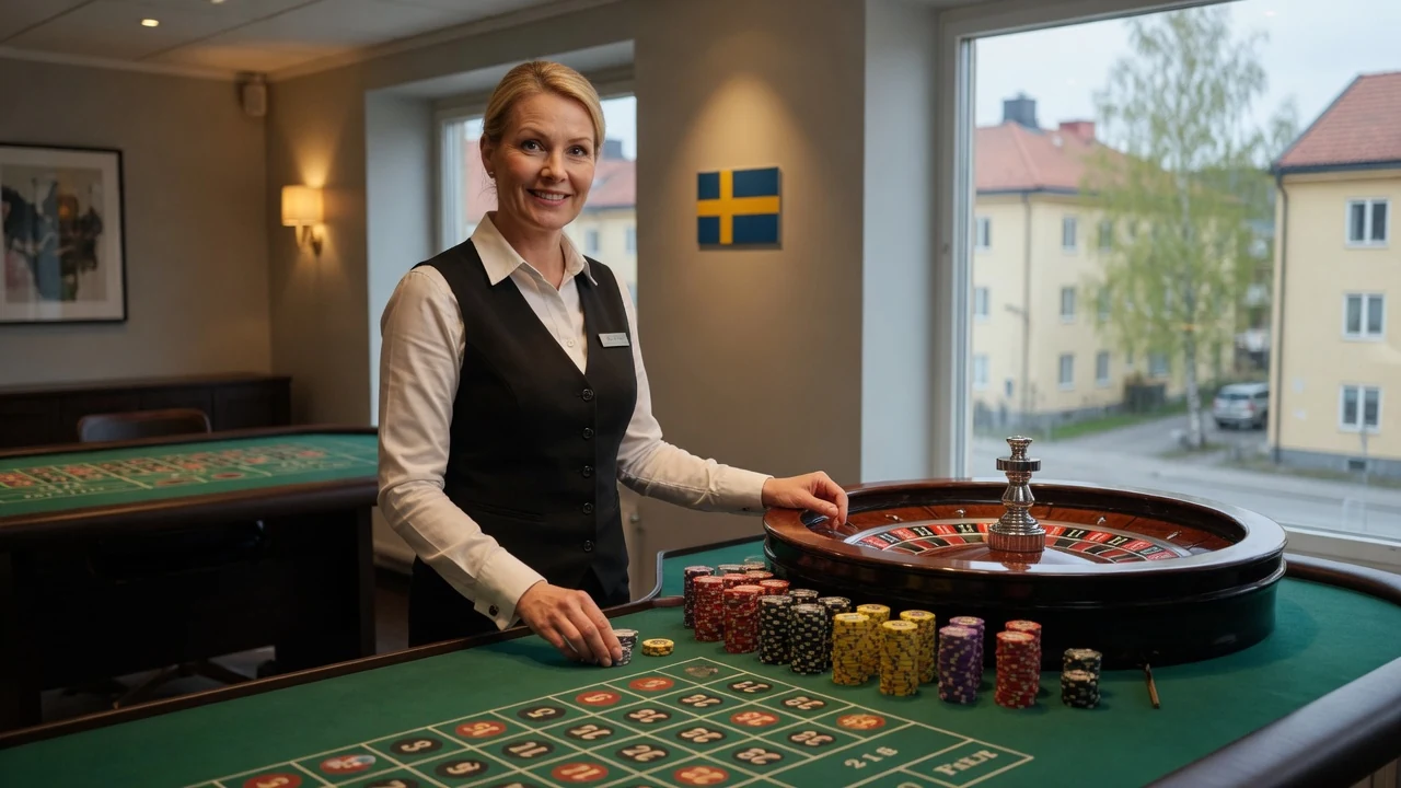 Live casinodealer i studio vid roulettebord med insatser