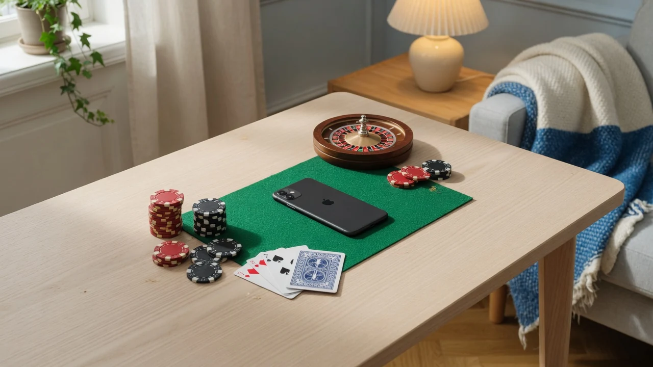 Smarttelefon med casinotillbehör på ett skandinaviskt träbord