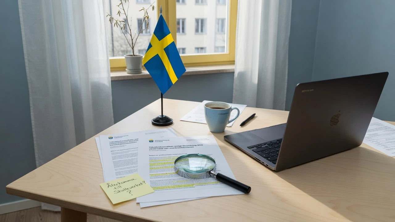 Skrivbord med svensk spellicenshandling, svensk flagga och laptop