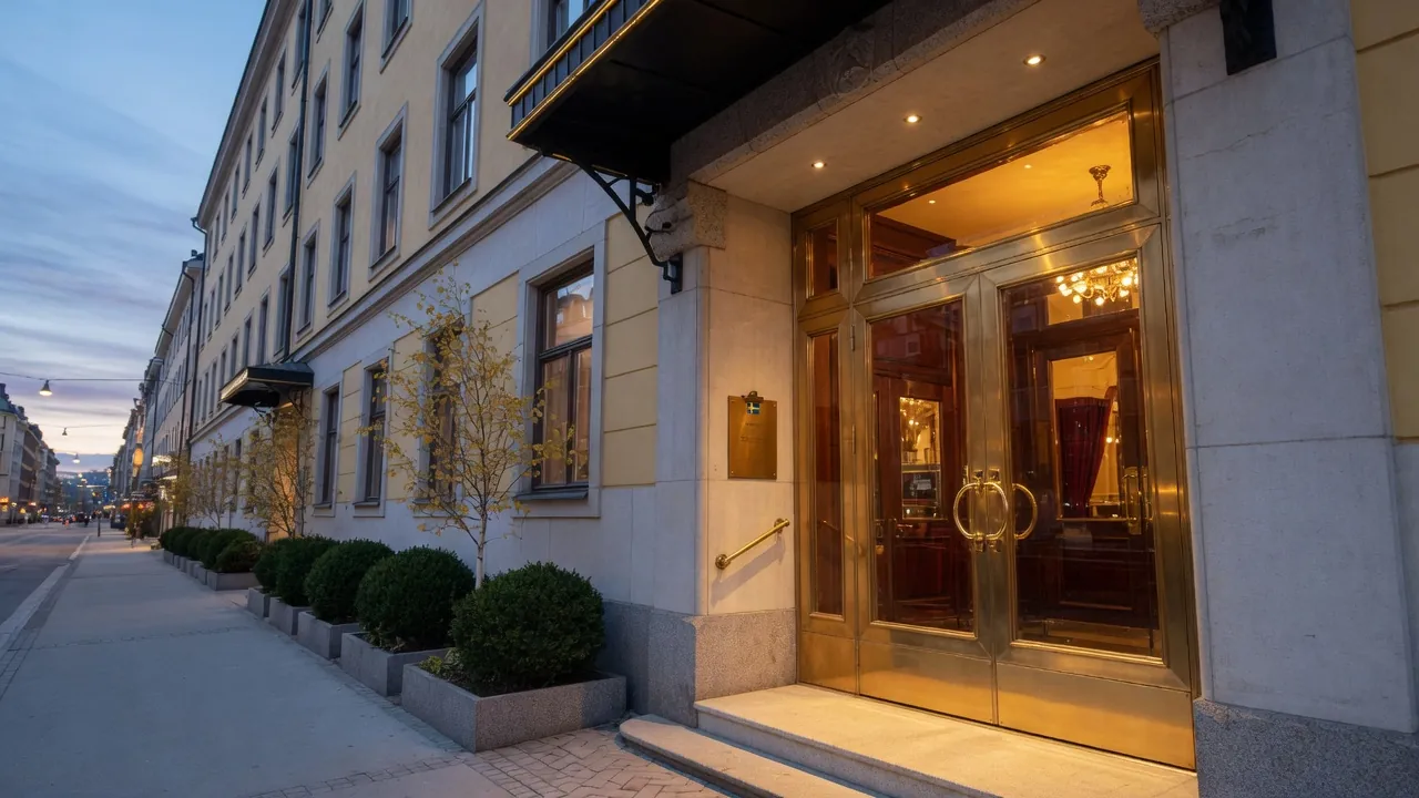 Svenska casinots eleganta entré i Stockholm vid skymning