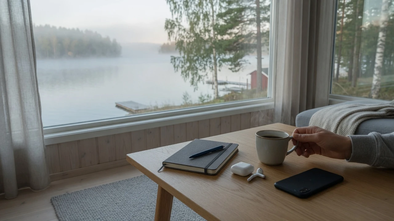 Person vid träbord med kaffekopp och nedstängd mobil, lugn nordisk atmosfär
