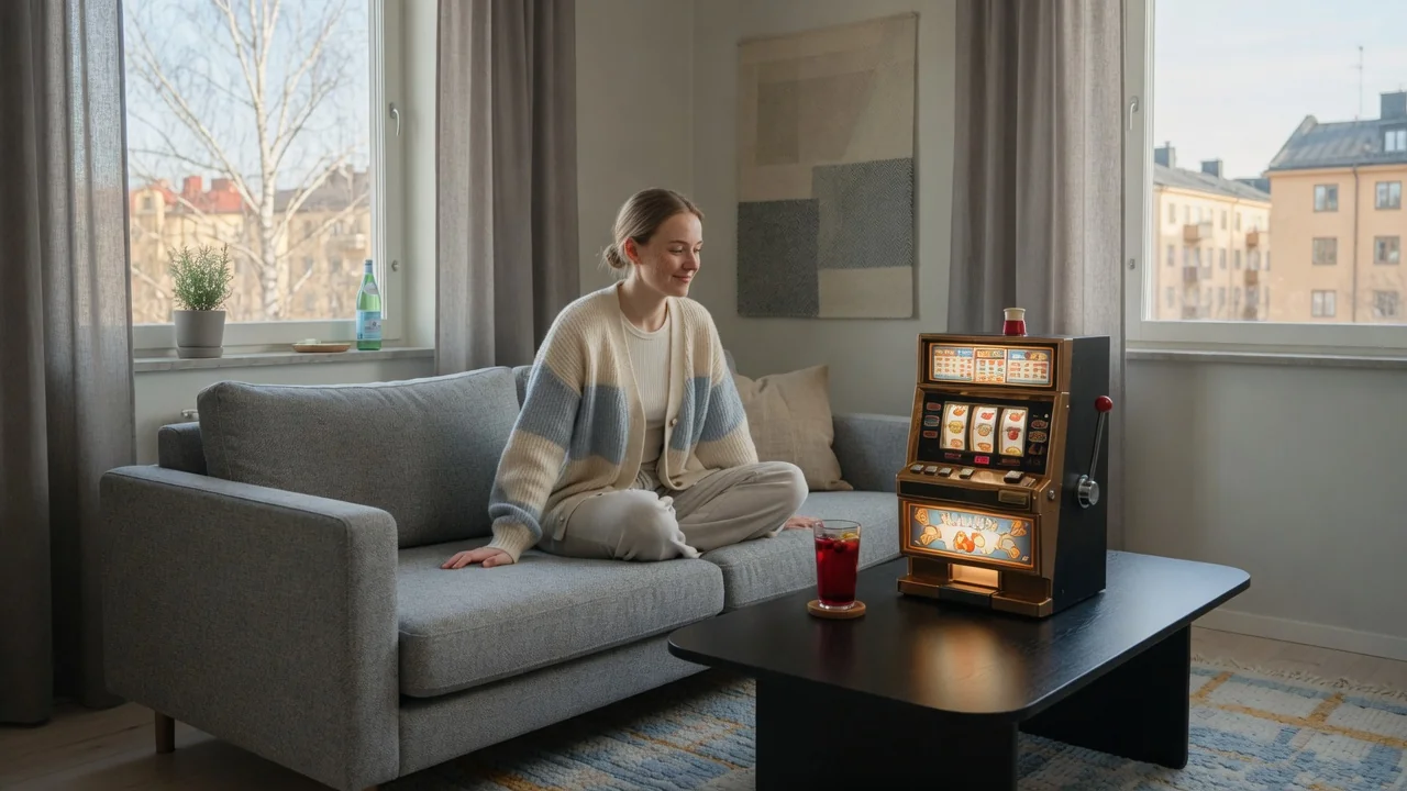 Skandinavisk kvinna i modern lägenhet med fysisk spelautomat och varm belysning