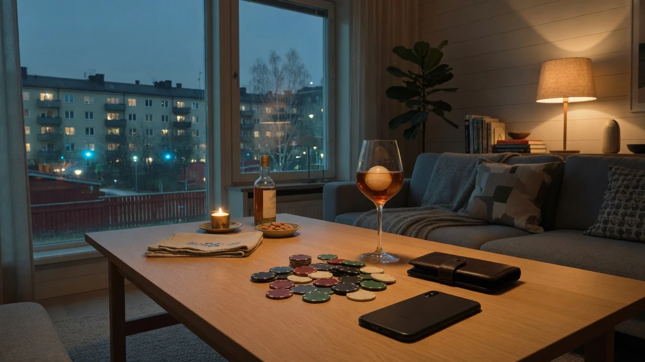 Svensk vardagsrum med casinotema och avslappnad kvällsstämning