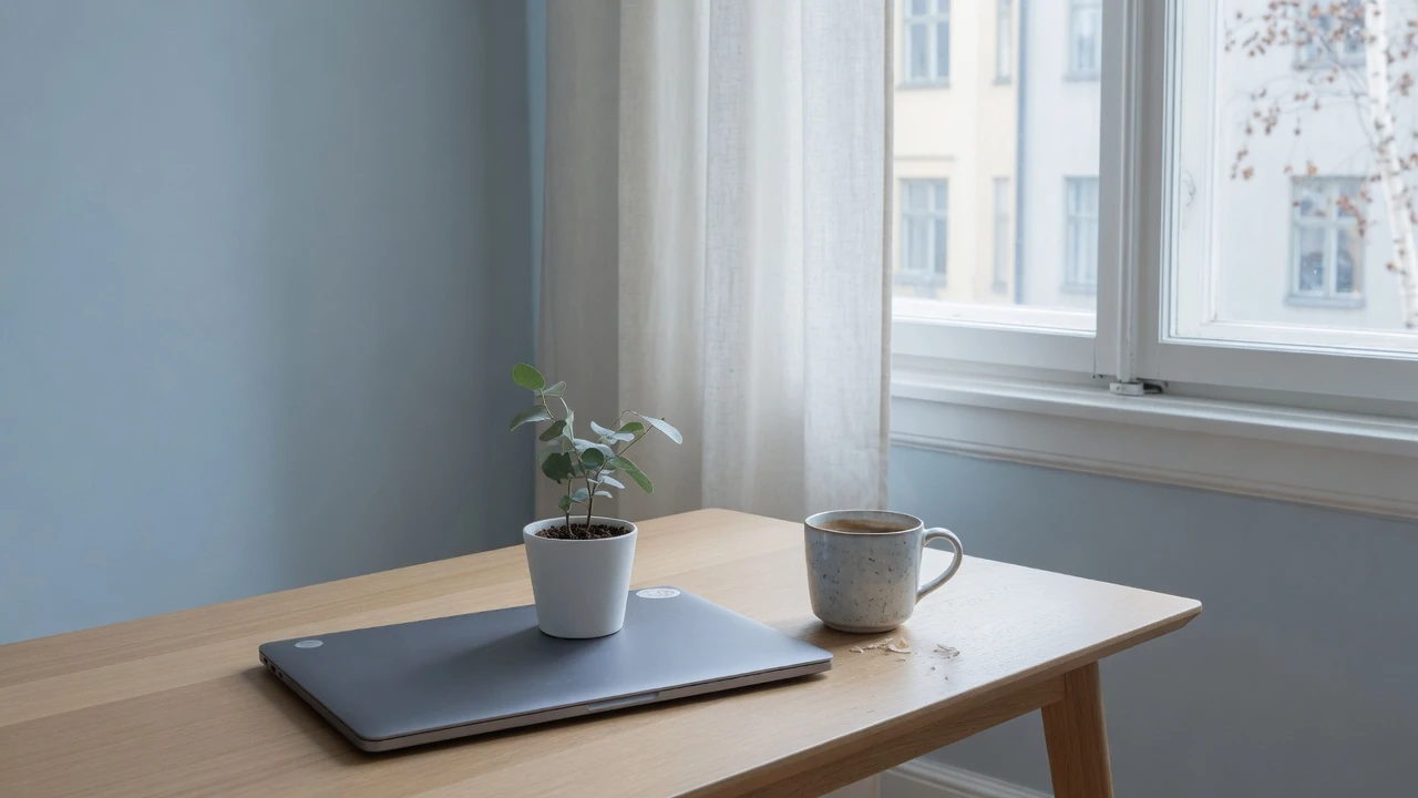 Stängt bärbar dator på ett minimalistiskt skrivbord i skandinavisk stil, med växt och mugg.