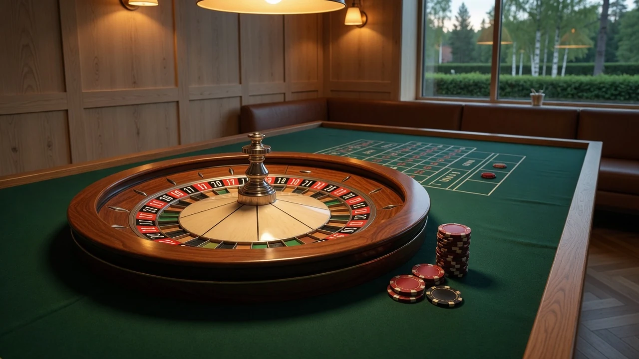 Elegant roulettehjul med casinofärgade marker på grönt filtbord