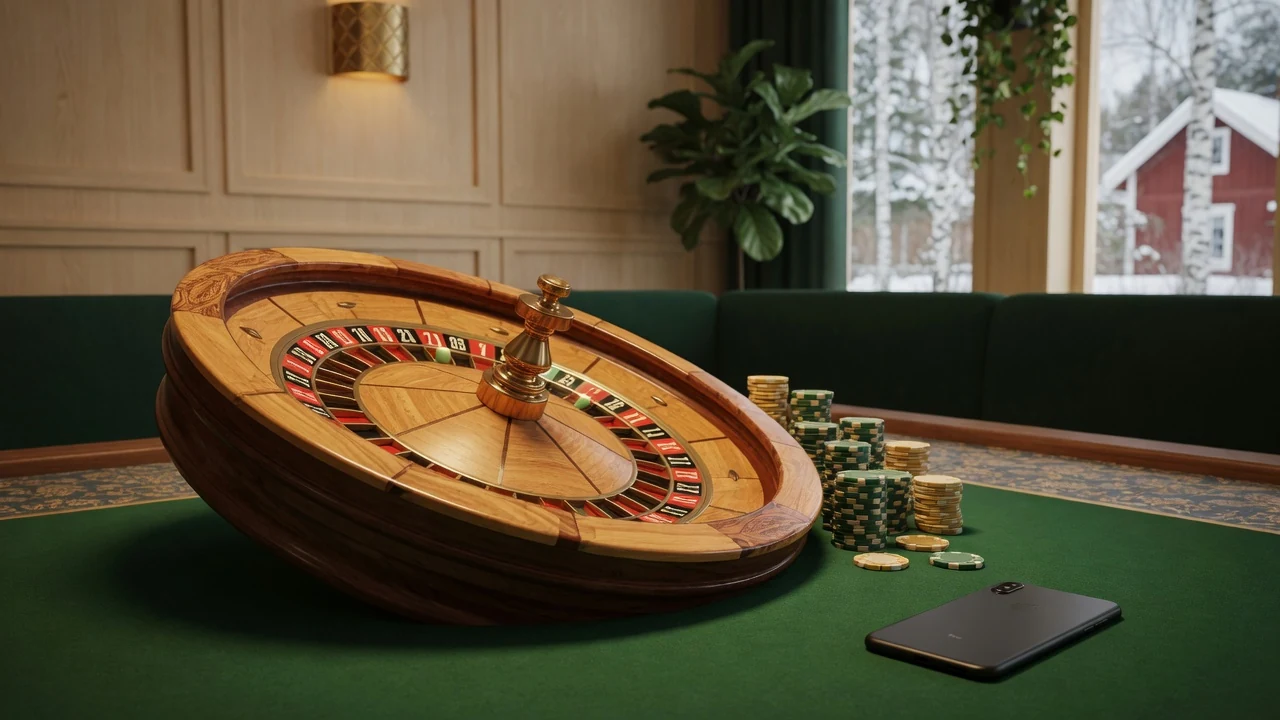 Elegant roulettehjul på grönt bord med casinochips i modern svensk spelmiljö