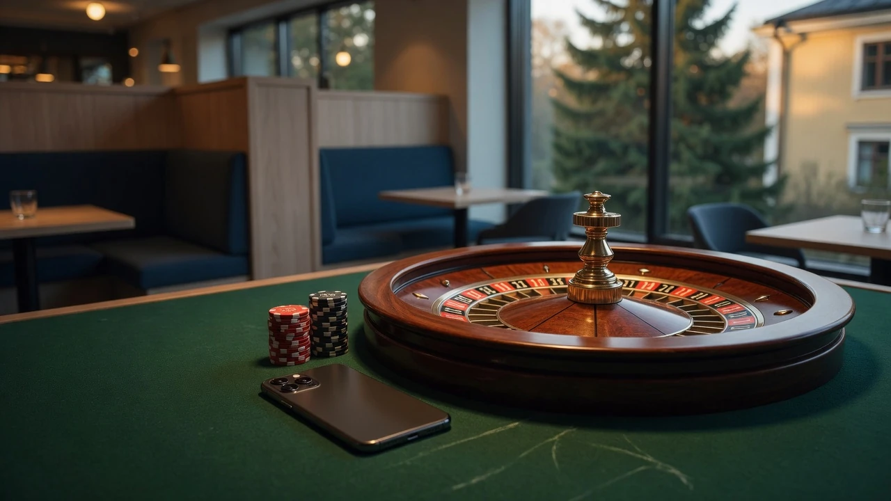 Elegant roulettehjul på grönt bord med casinofickor och en smartphone bredvid, varm belysning.