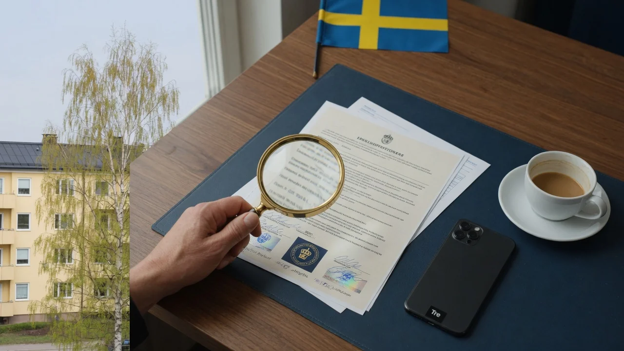 Förstoringsglas över licensdokument med svensk flagga i bakgrunden