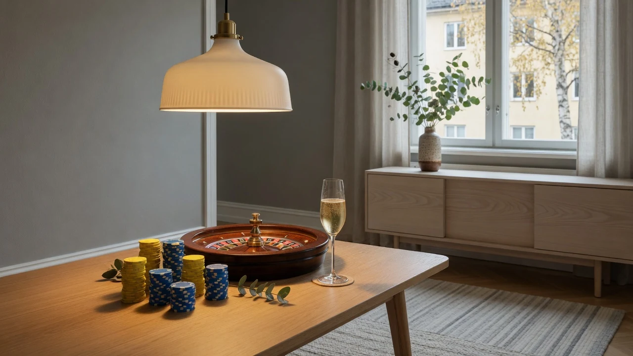 Elegant skandinavisk lounge med casinomarker i blått och gult, roulettehjul och champagneglas