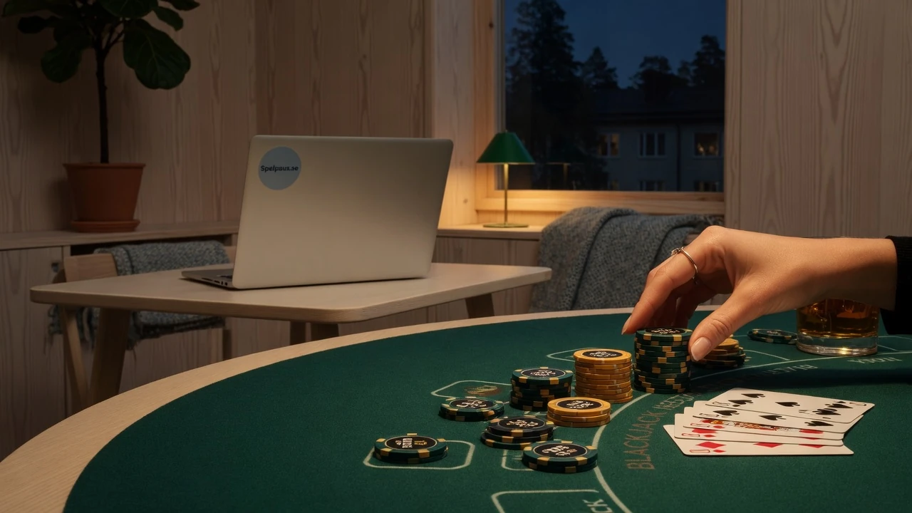 Casinospel blackjack med marker och kort på ett elegant bord