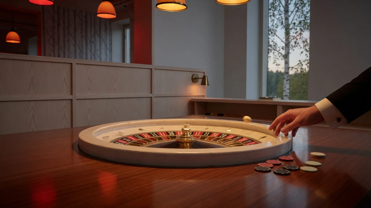 Rouletthjul som snurrar på ett klassiskt casinobord med varma ljus