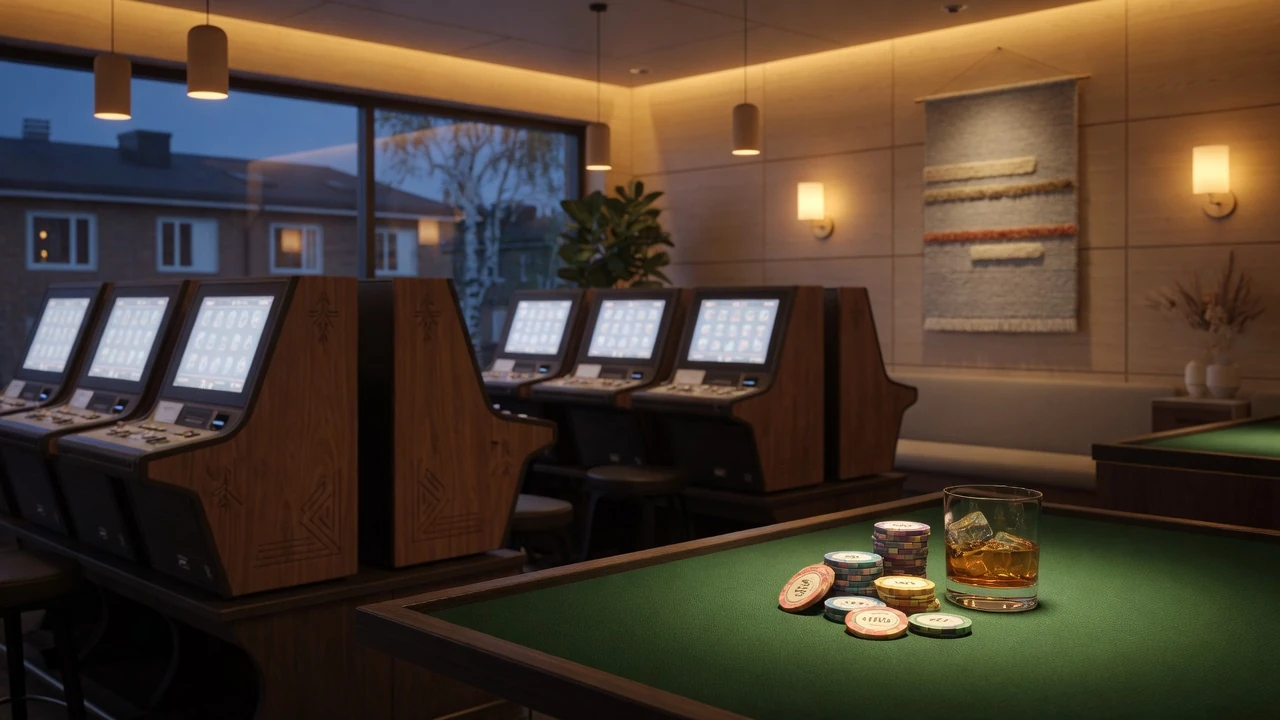 Modern svensk casinolokal med spelautomater, casinokortonger och varm belysning