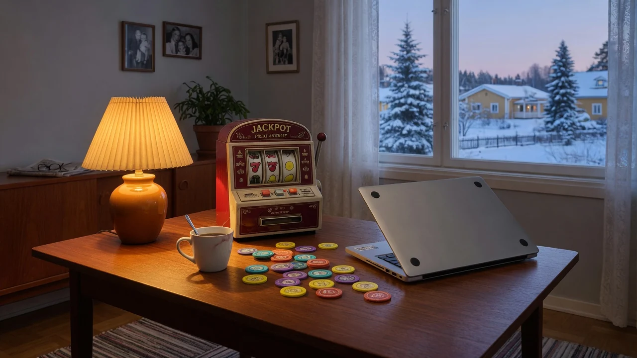 Mysigt svenskt vardagsrum med gammal spelautomat och stängd bärbar dator vid fönster