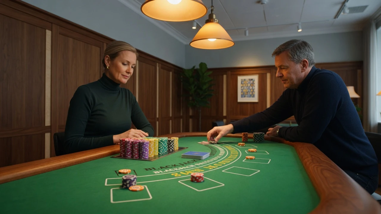 Elegant blackjackbord med grönt filttyg, marker och kort i varm belysning