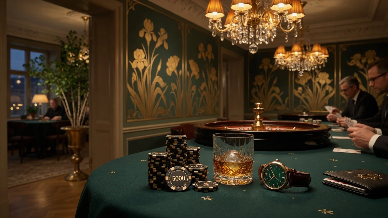 Elegant svenskt VIP-casinogolv med höga insatser och mörk lyxig atmosfär
