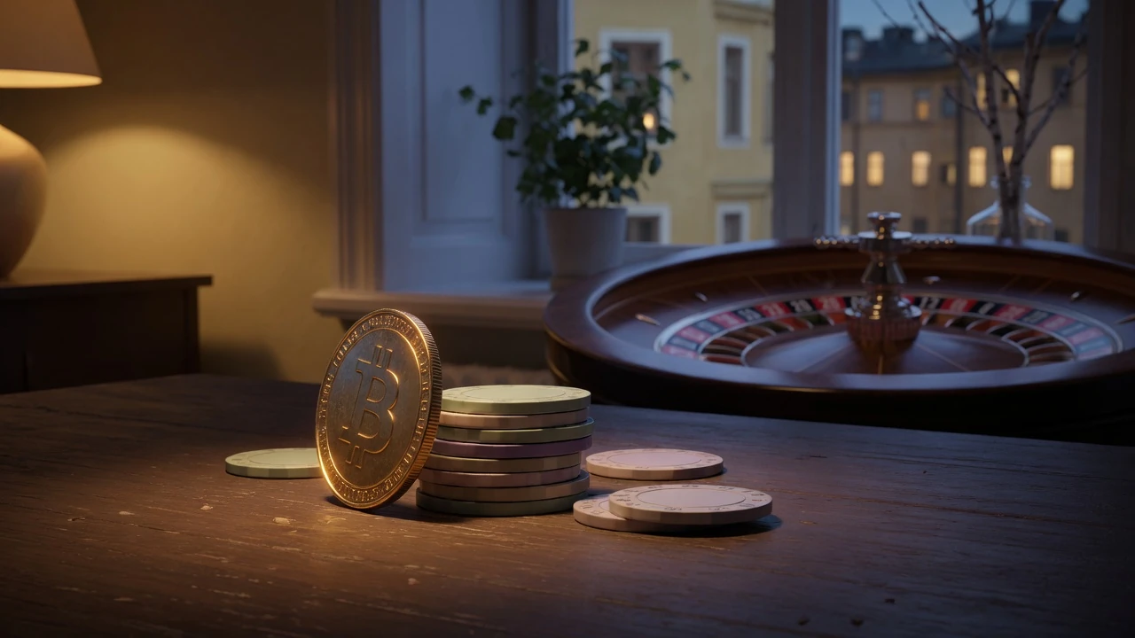 En glänsande Bitcoin-mynt bredvid casinokort och roulettehjul på ett mörkt bord