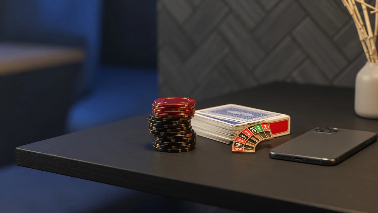 Stapel casinotärningar och kort på ett elegant nordiskt casinobord