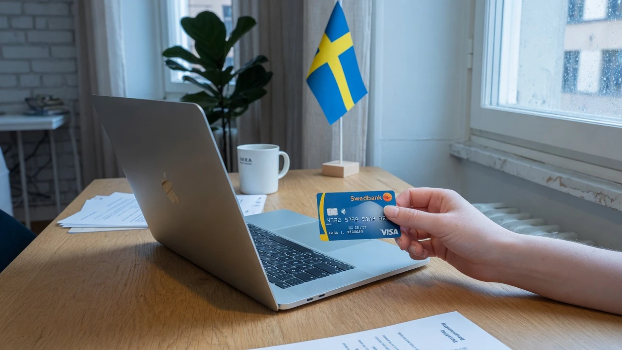 Svensk bankkort nära en laptop vid skrivbord med svensk flagga