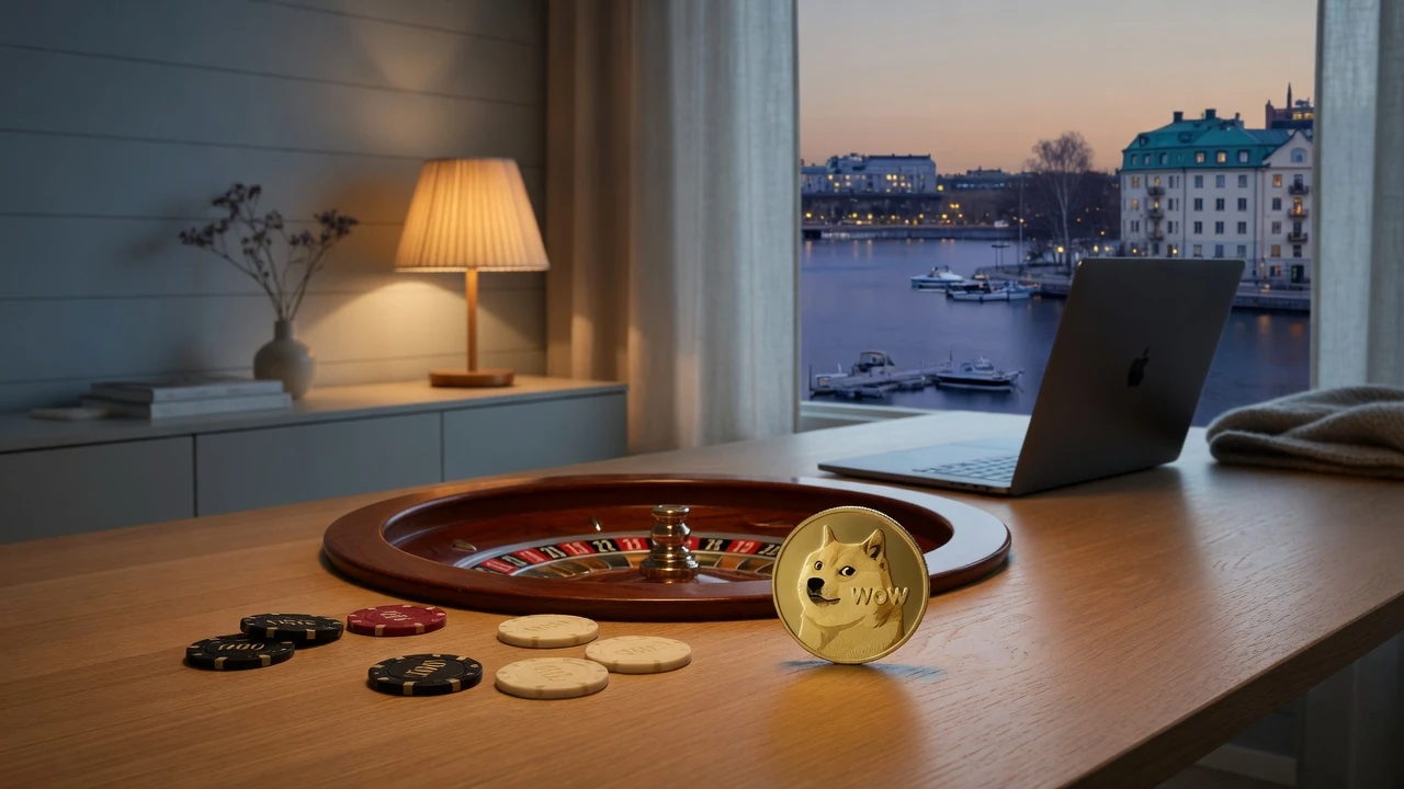 Dogecoin-tigg och casinokrampor på ett bord i skandinavisk inredning