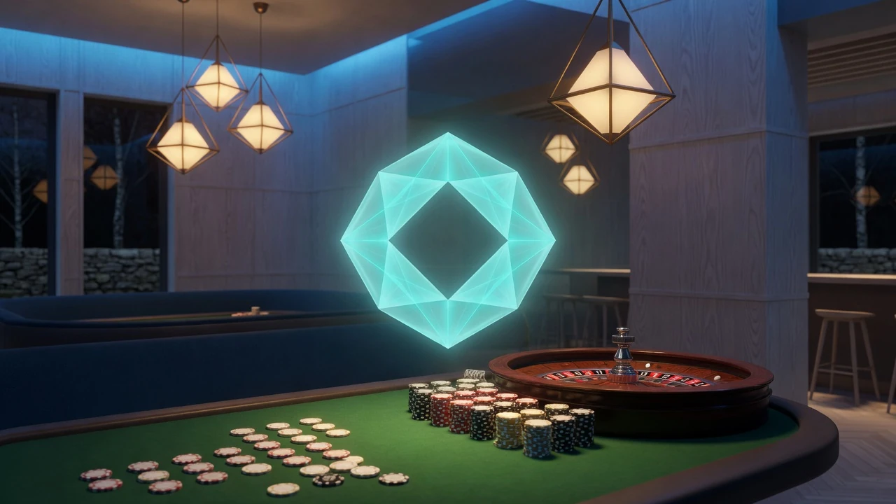 Skandinavisk casinohall med pokerbord, marker och glödande kryptovalutasymbol