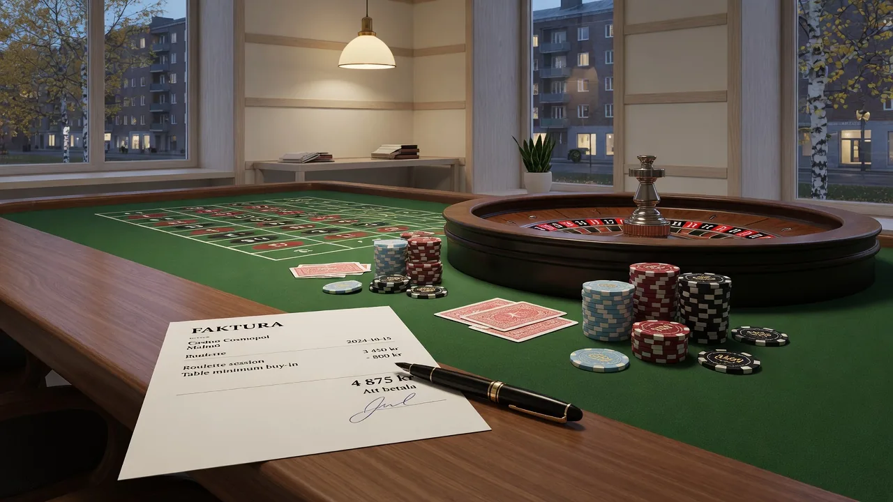 Casino bord med roulette, marker och en vit faktura som symboliserar fakturabetalning