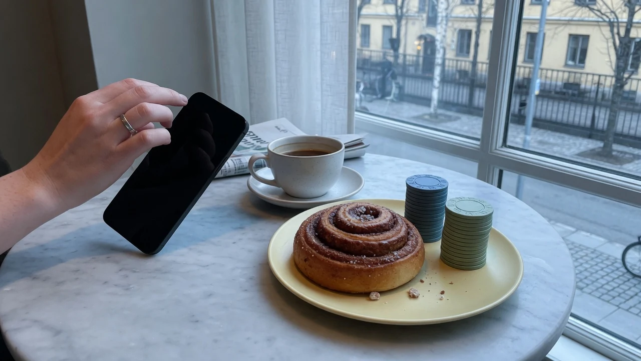 Hand håller telefon vid kanelbulle och casinofickor i Stockholm