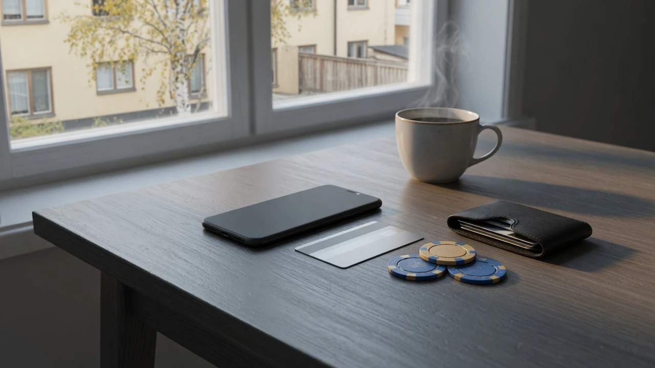 Casinochips, kreditkort och en mobiltelefon på ett mörkt nordiskt bord
