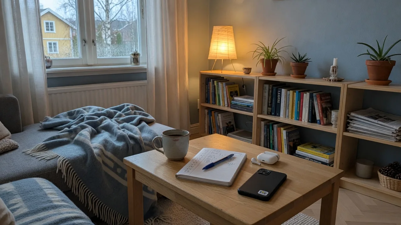 Svenskt vardagsrum med kaffekopp och anteckningsblock vid sidobord