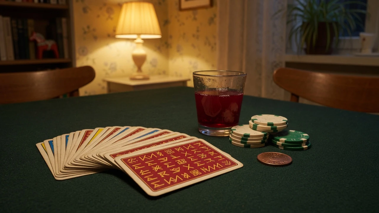 Kortspel, casinofärger och krona på grönt filtbord