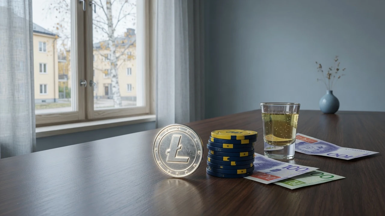 Silver Litecoin-myint bredvid casinofärgade marker och svenska kronorsedlar på ett bord