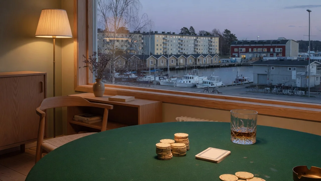 Elegant skandinavisk lounge med casinobord, marker och utsikt mot nordisk hamnstad i skymning.