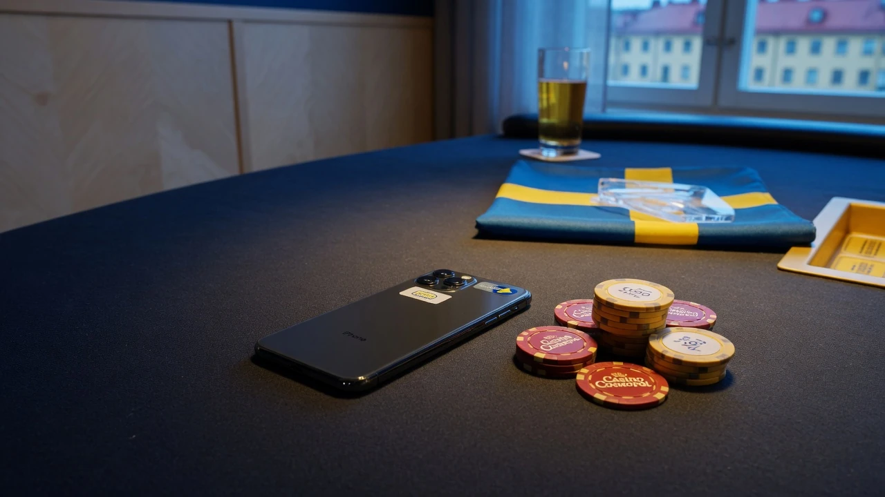 Smarttelefon vid casinobord med marker och svensk kontext