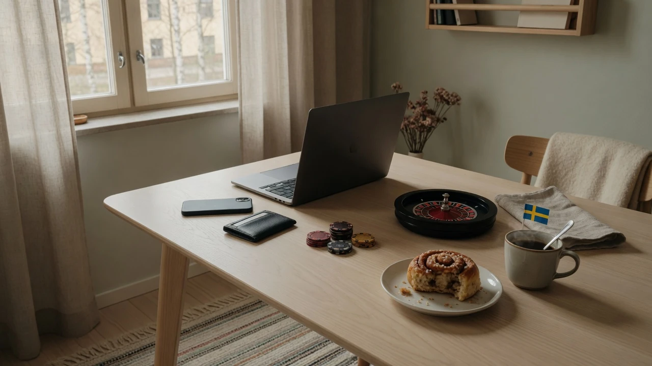 Svenskt casino med Neteller: laptop, e-plånbok och casinokjetonger på bord