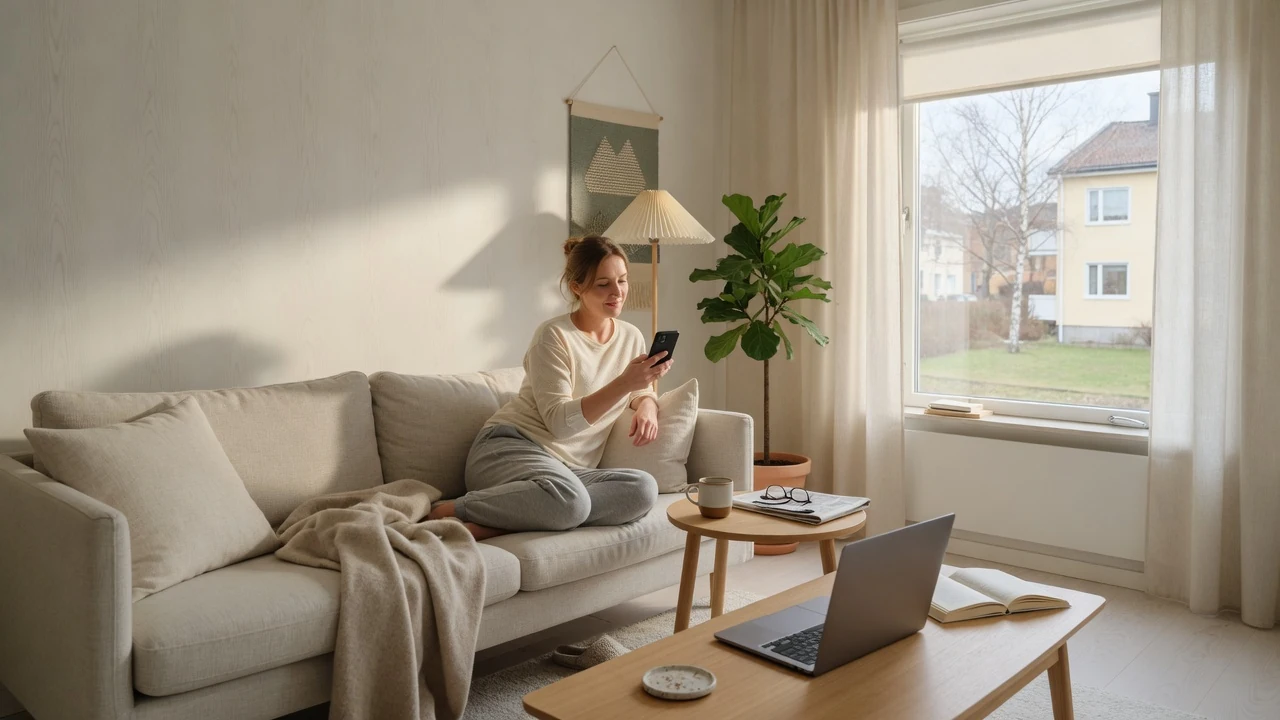 Person i modernt svenskt vardagsrum med smartphone och stängd laptop