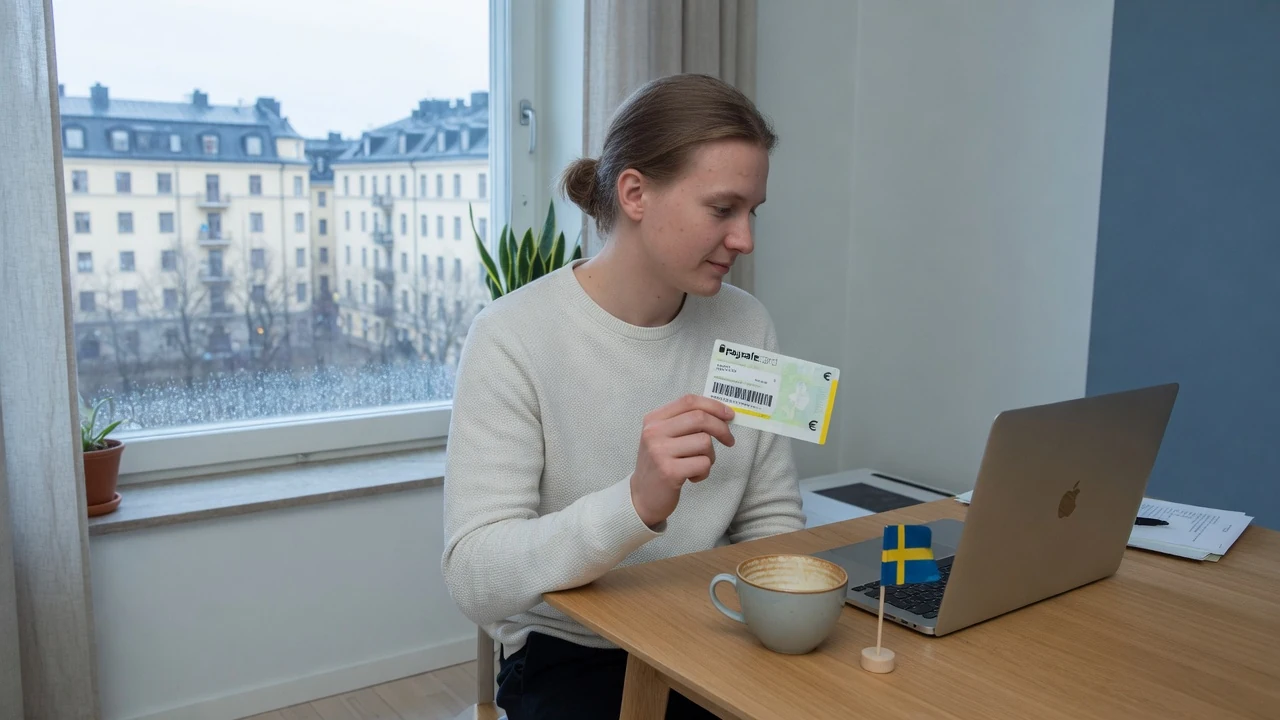 Svensk person med Paysafecard-kupong vid minimalistiskt skrivbord i ljus lägenhet