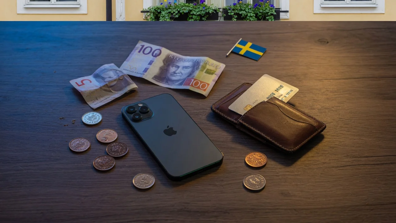Mörkt bord med mobiltelefon, kreditkort och svenska kronor sedlar