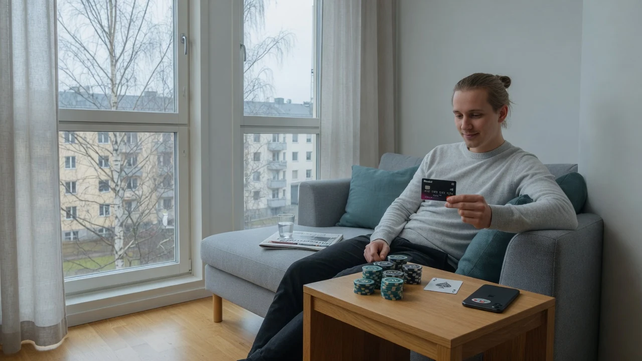 Person i svensk lägenhet håller ett Revolut-kort nära casinoleksaker