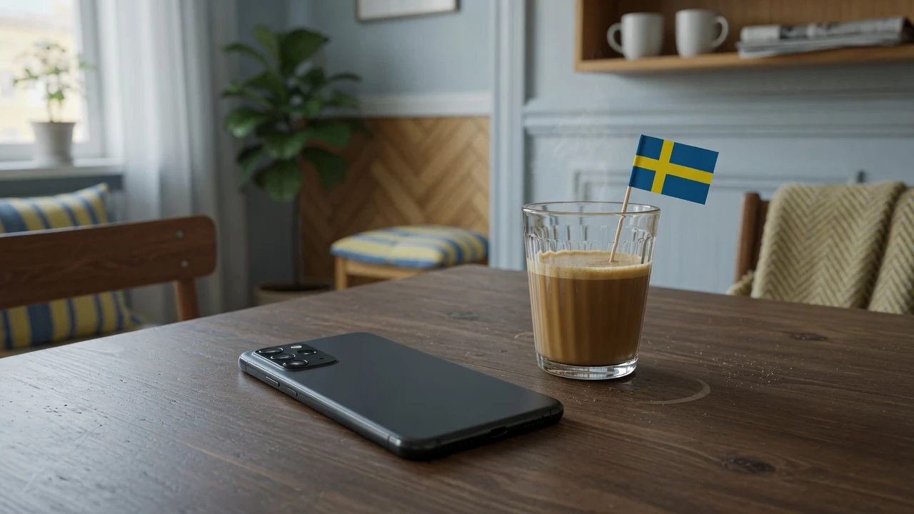 Smartphone med svensk flagga och kaffe på bord