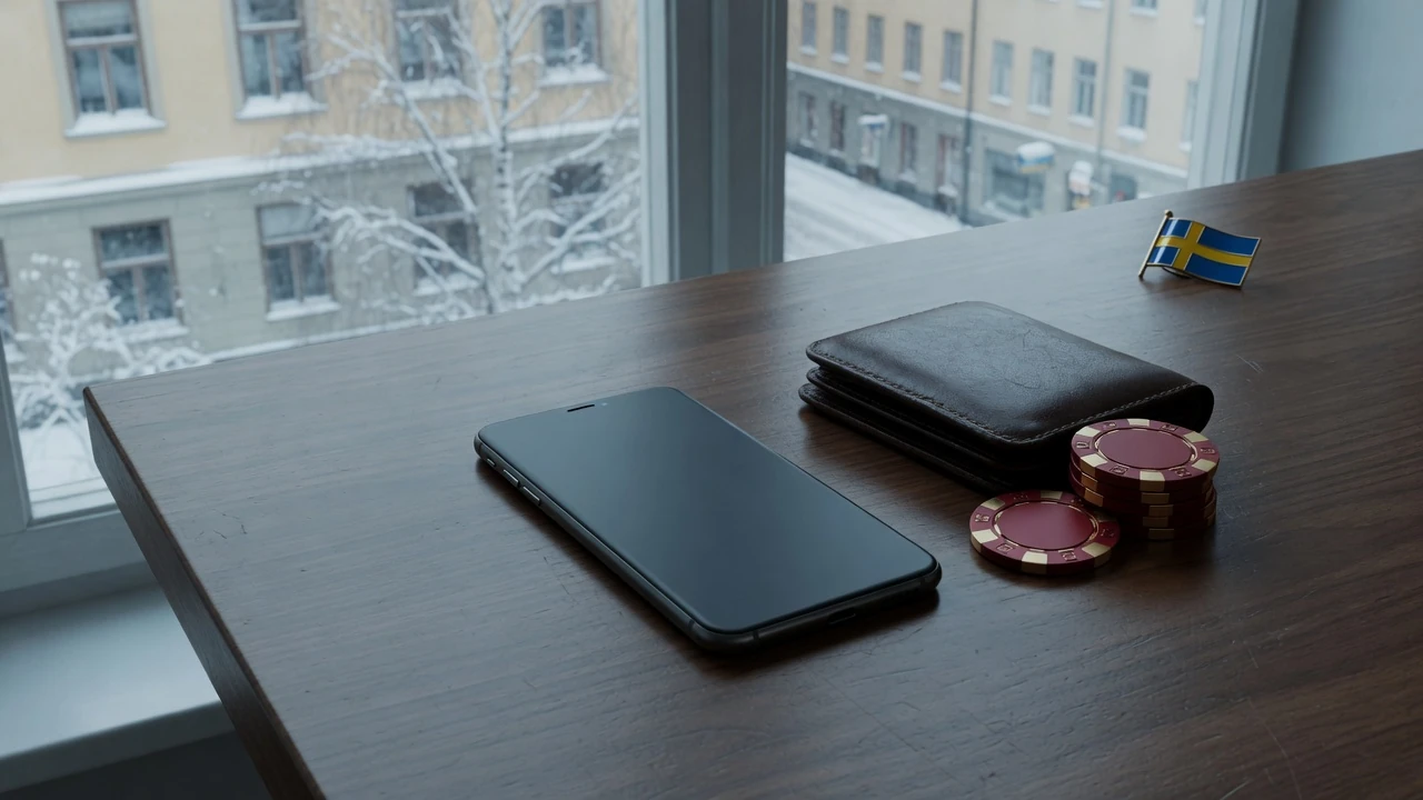 Mobilplånbok och casinomarker på skrivbord, svensk vinterbelysning
