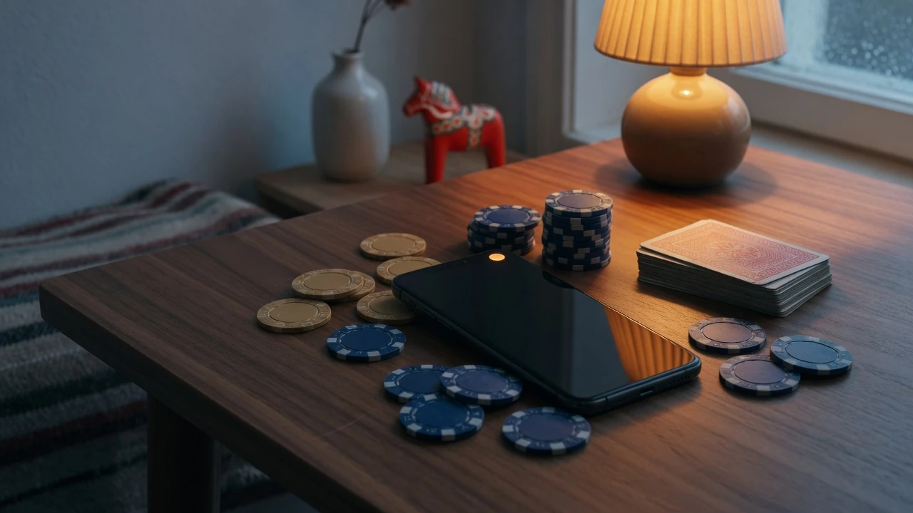 Smarttelefon med SMS-bekräftelse bredvid casinofigurer på ett svenskt bord
