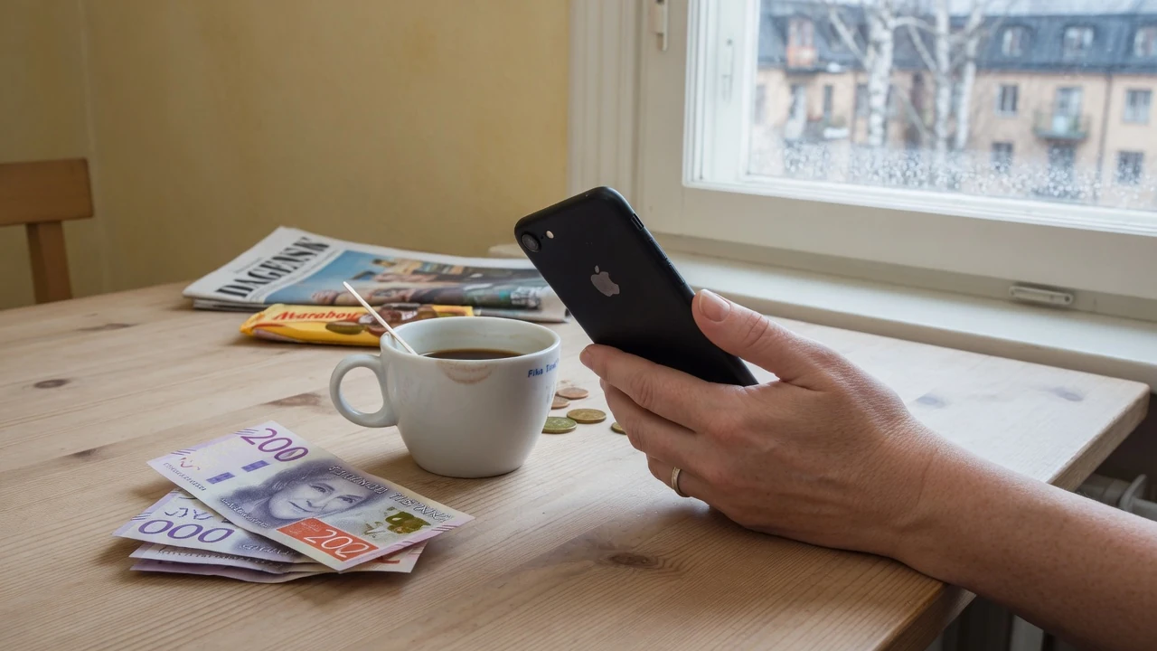 Hand med mobiltelefon, sedlar och kaffe på bord