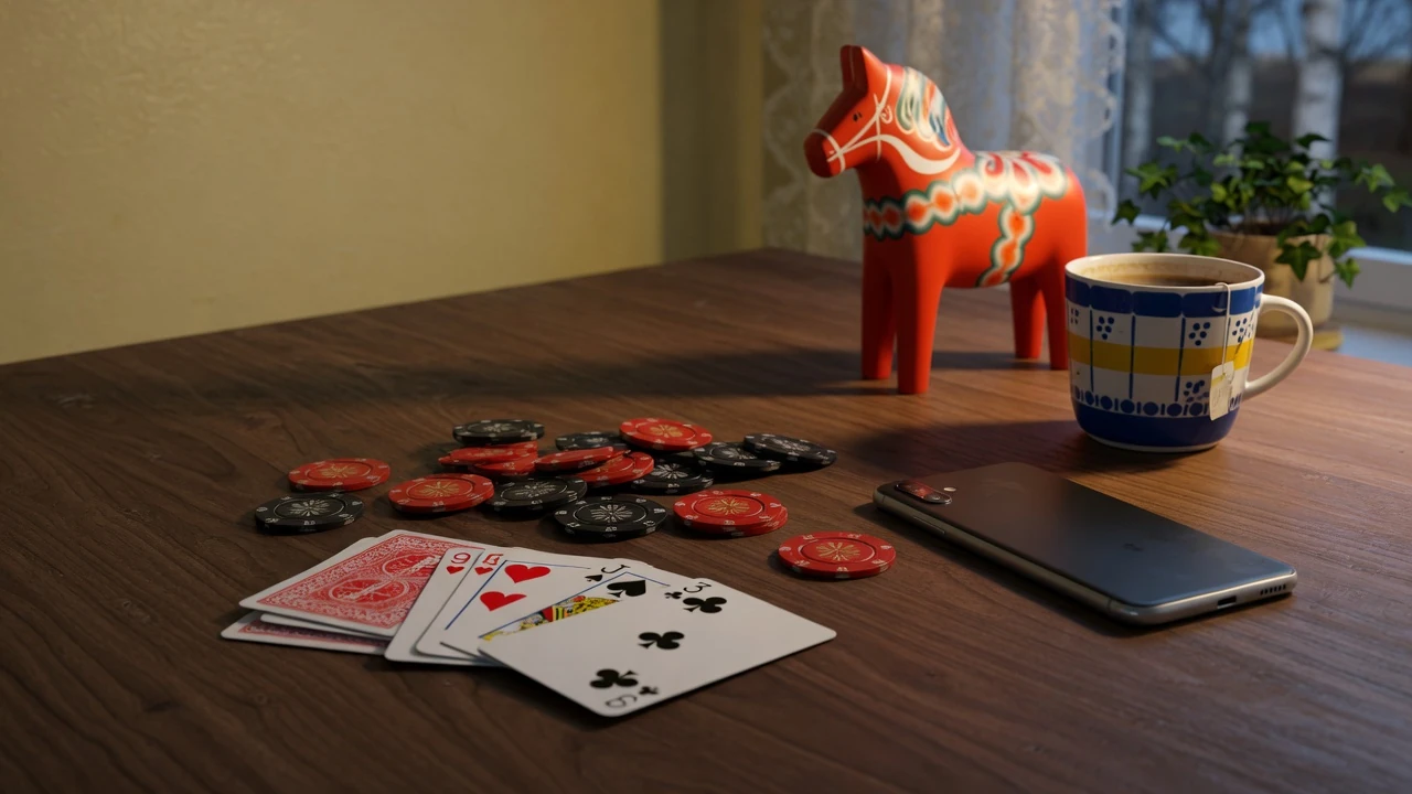 Casinochips, spelkort och en nedlagd smartphone på träbord med svenska detaljer