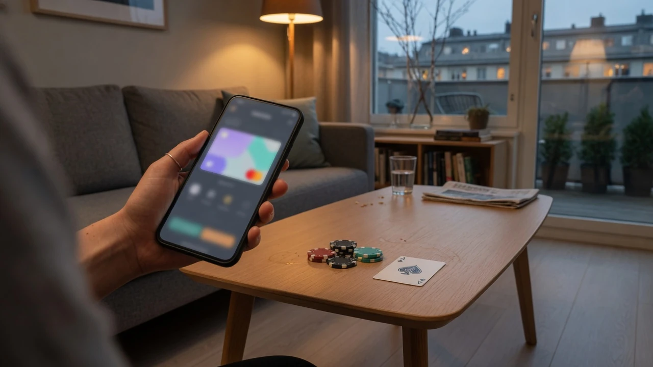Mobil plånbok med krypto och pokerchip i en modern svensk lägenhet