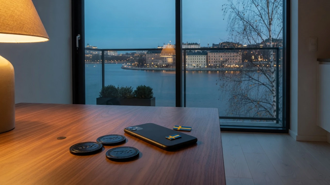 Modernt svensk vardagsrum med TRX-mynt och smartphone vid fönster mot Stockholms kvällsljus
