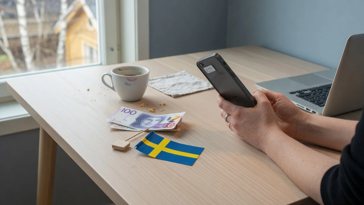 Händer med mobiltelefon och kronor vid skrivbord i Sverige